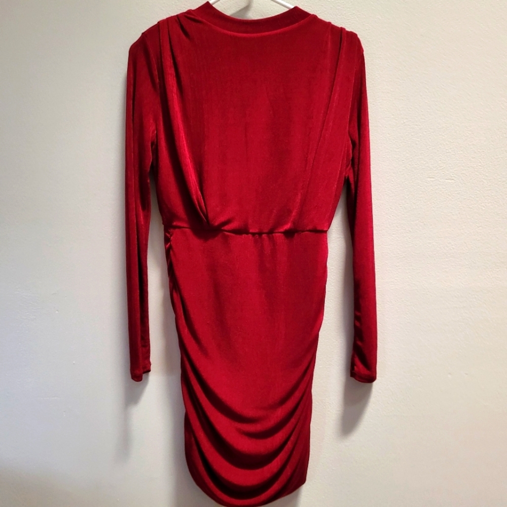 Fashion Nova Red Wine Ruched Long Sleeve Suede Bodycon Dress